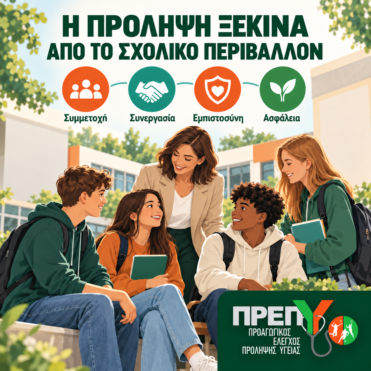 Μαθητές και εκπαιδευτικός σε υποστηρικτικό σχολικό περιβάλλον, με τις έννοιες συμμετοχή, συνεργασία, εμπιστοσύνη και ασφάλεια.